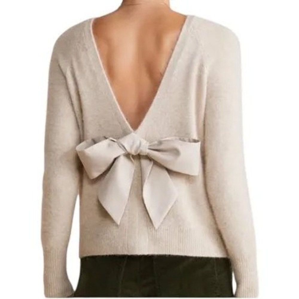 Vineyard Vines Cream Wool Blend V-Back Satin Bow Sweater Womens Large